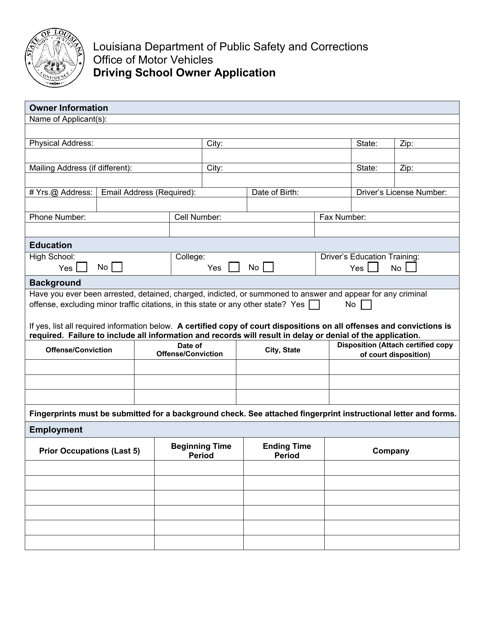 Driving School Owner Application - Louisiana Download Pdf