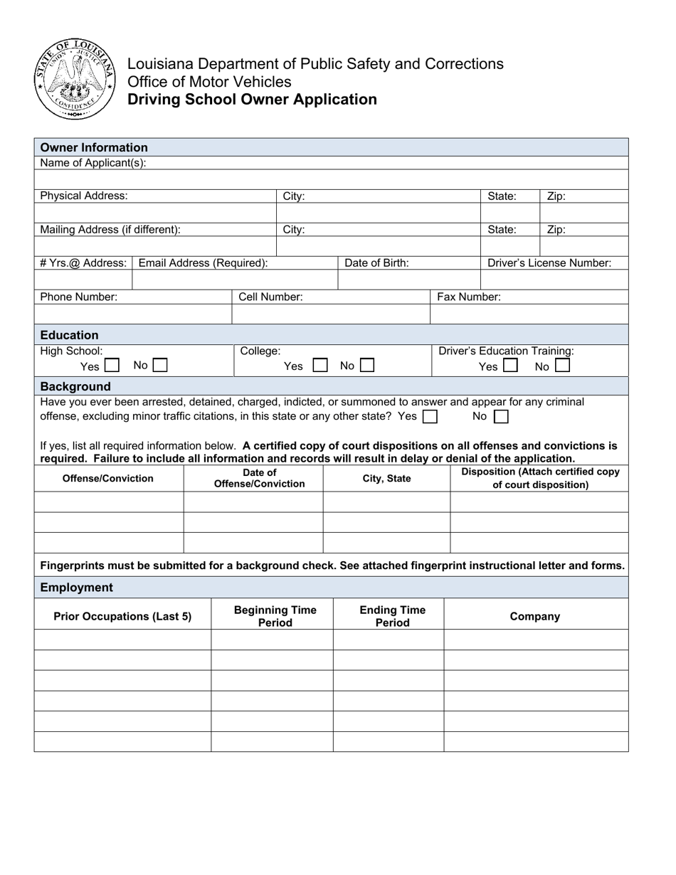 Driving School Owner Application - Louisiana, Page 1