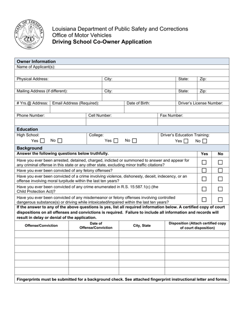 Driving School Co-owner Application - Louisiana Download Pdf