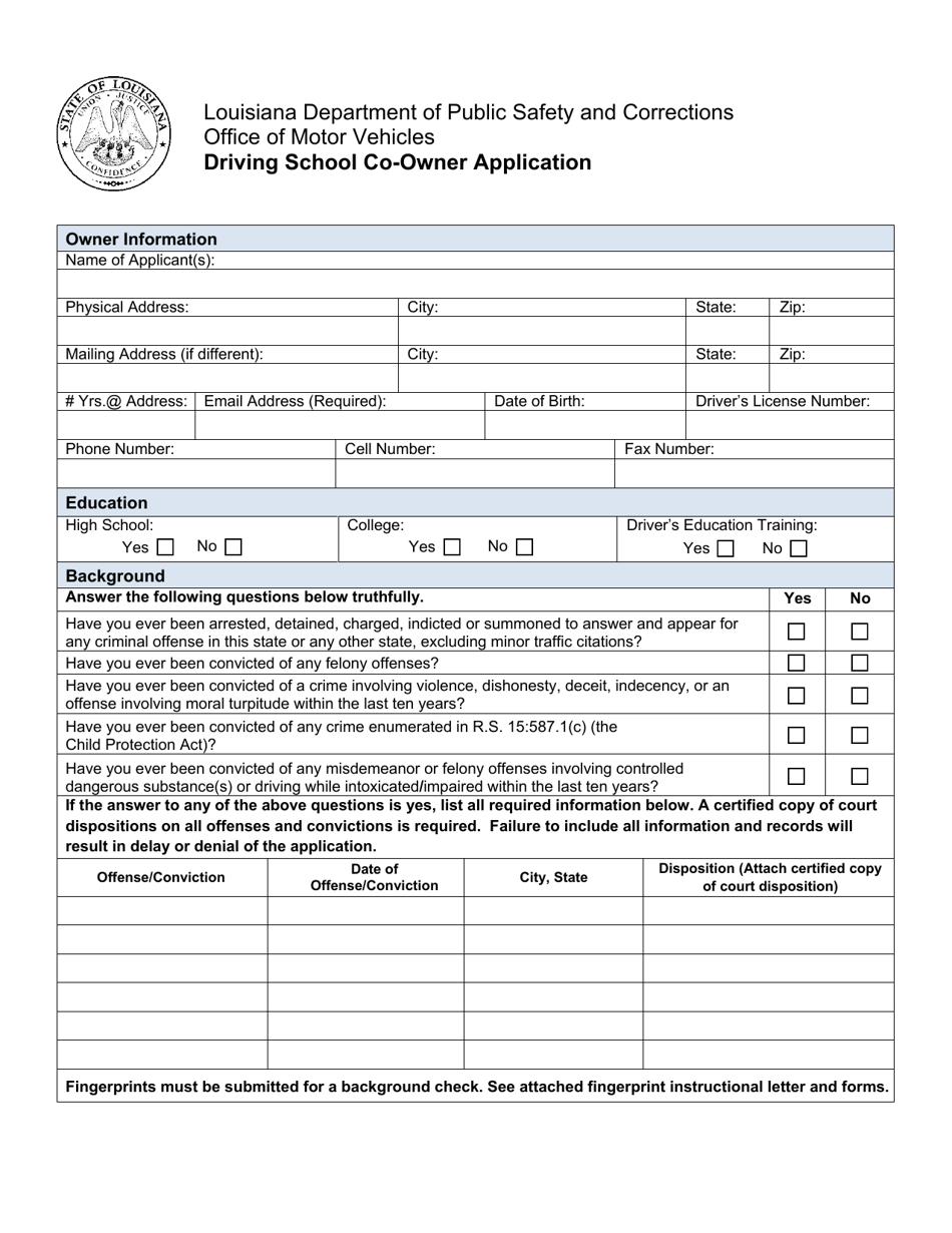 Driving School Co-owner Application - Louisiana, Page 1