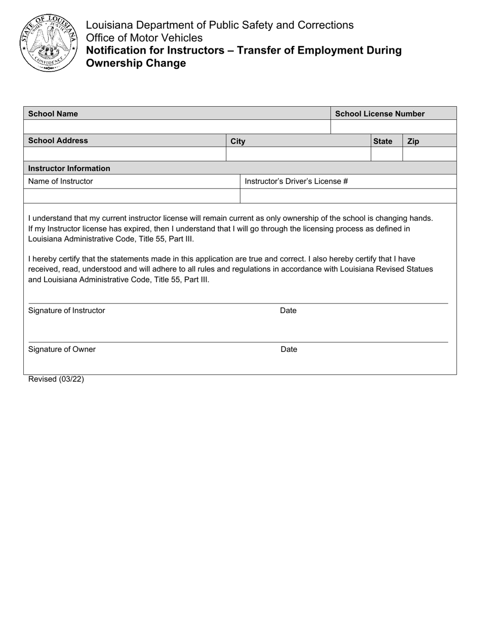 Notification for Instructors - Transfer of Employment During Ownership Change - Louisiana, Page 1