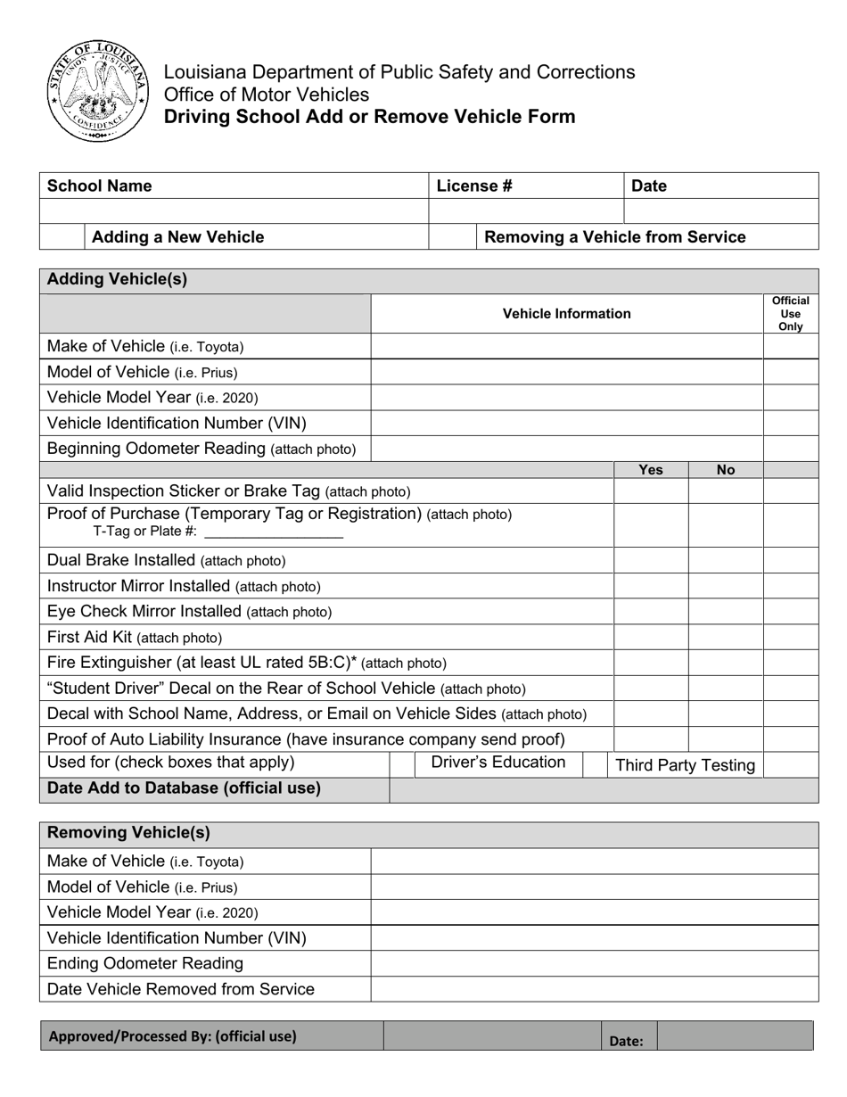 Driving School Add or Remove Vehicle Form - Louisiana, Page 1