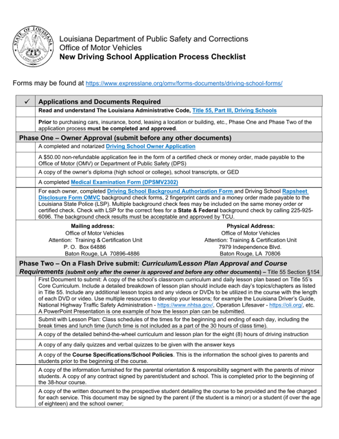 New Driving School Application Process Checklist - Louisiana Download Pdf