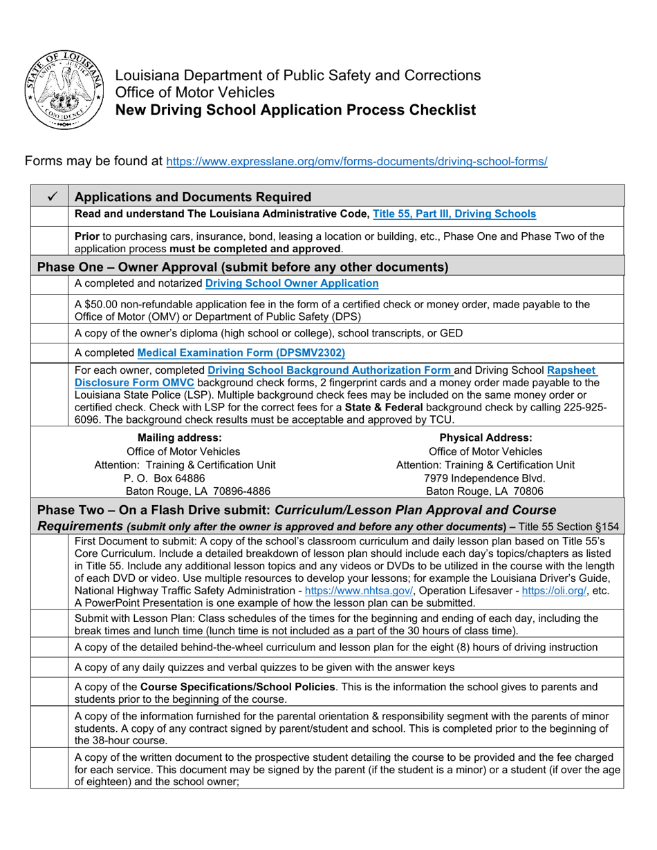 New Driving School Application Process Checklist - Louisiana, Page 1