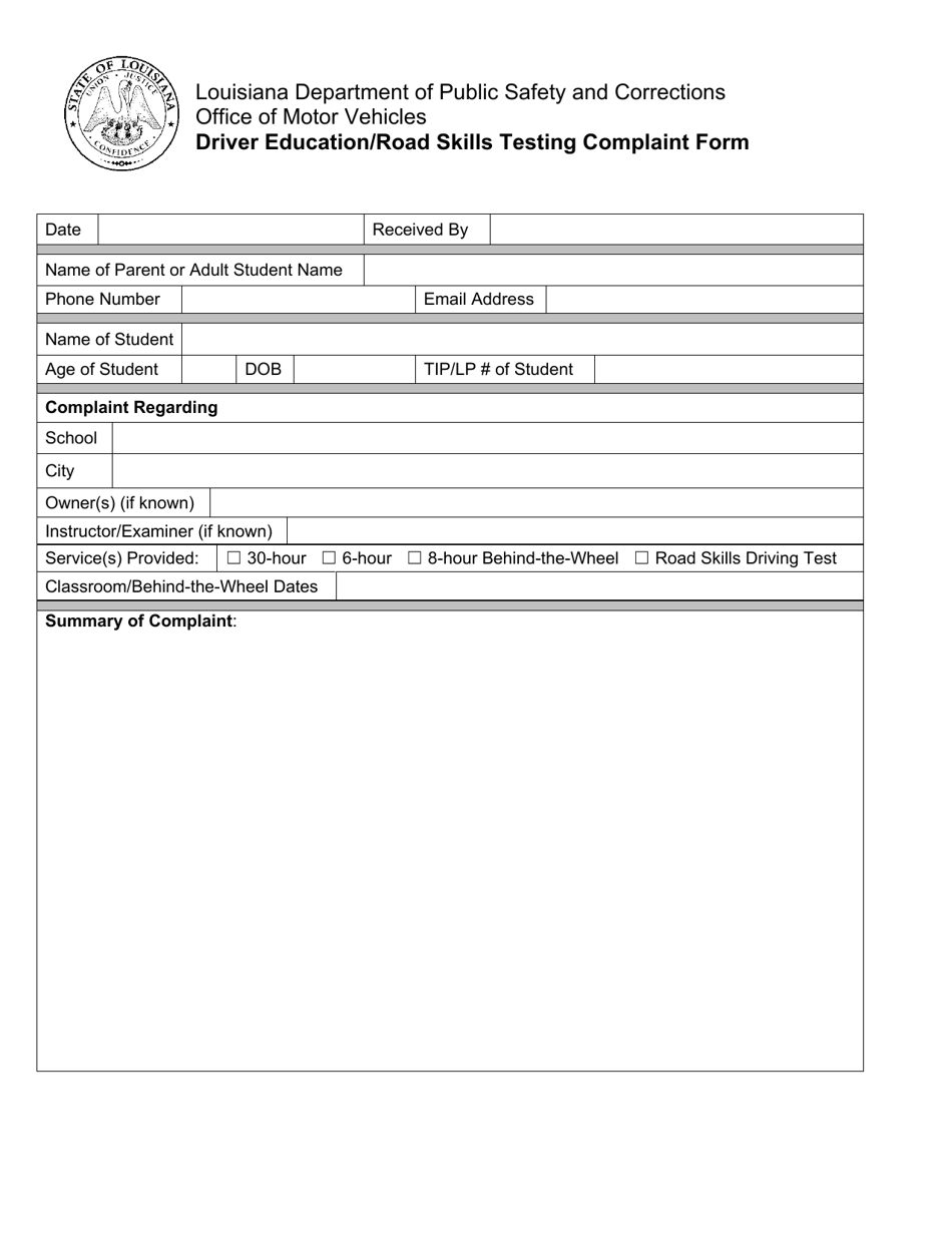 Driver Education / Road Skills Testing Complaint Form - Louisiana, Page 1