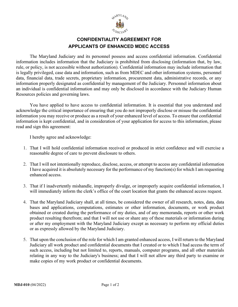 Form MDJ-010 Confidentiality Agreement for Applicants of Enhanced Mdec Access - Maryland, Page 1