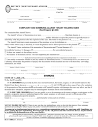 Form DC-CV-080 &quot;Complaint and Summons Against Tenant Holding Over&quot; - Maryland