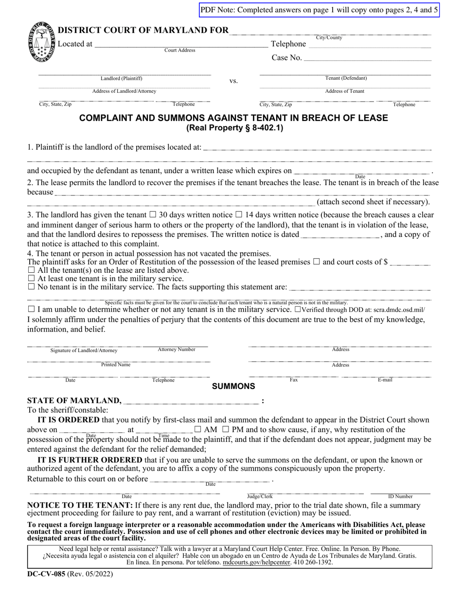 Form DC-CV-085 Complaint and Summons Against Tenant in Breach of Lease - Maryland, Page 1