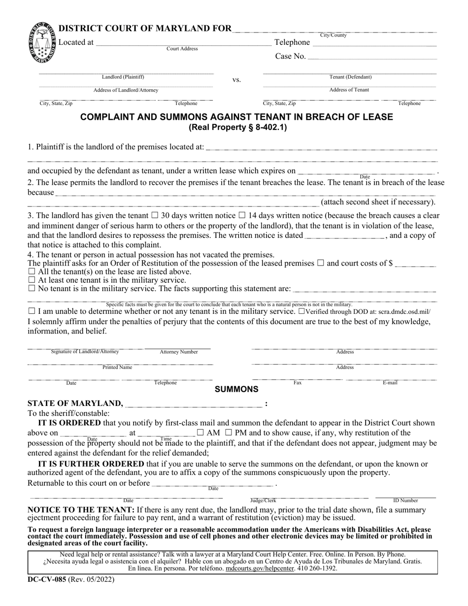 Form DC-CV-085 Complaint and Summons Against Tenant in Breach of Lease - Maryland, Page 2