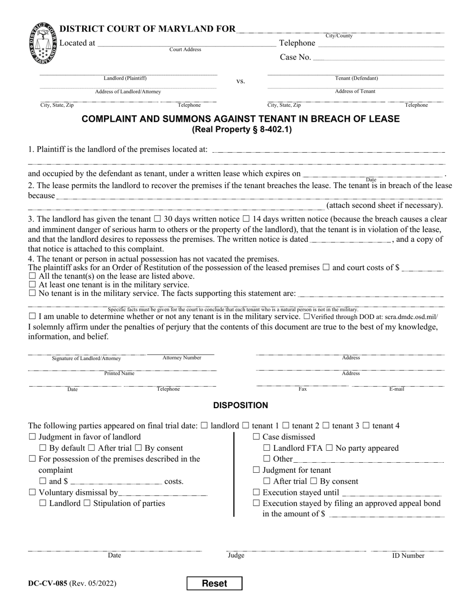 Form DC-CV-085 Complaint and Summons Against Tenant in Breach of Lease - Maryland, Page 5