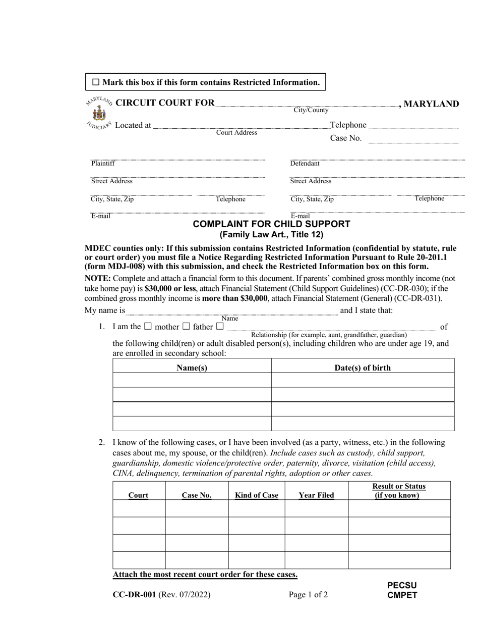 Form CC-DR-001 Complaint for Child Support - Maryland, Page 1