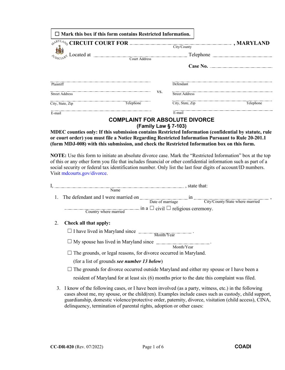 Form CC-DR-020 Complaint for Absolute Divorce - Maryland, Page 1