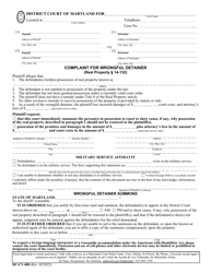 Form DC-CV-089 Complaint for Wrongful Detainer - Maryland