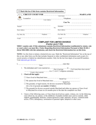 Form CC-DR-021 &quot;Complaint for Limited Divorce&quot; - Maryland