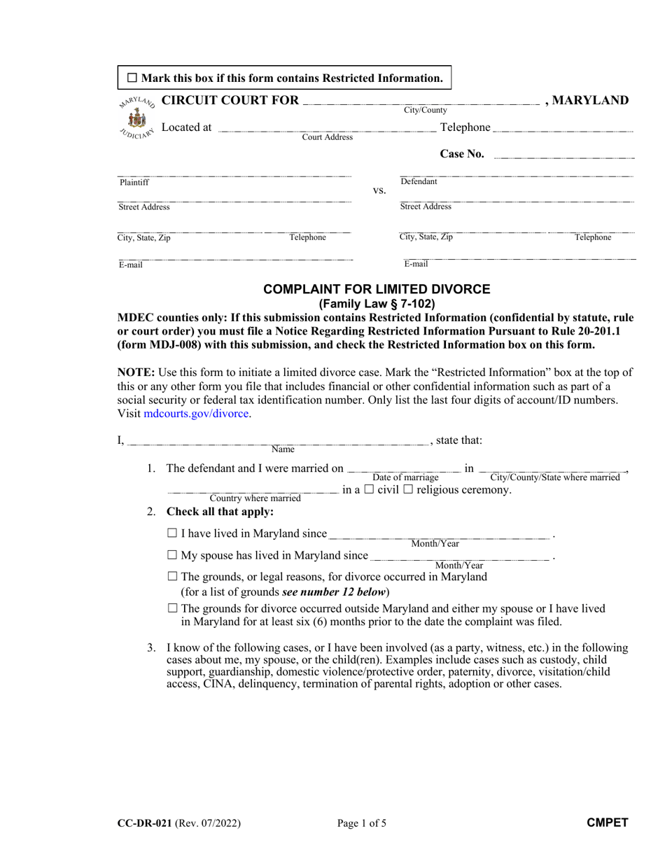 Form CC-DR-021 Complaint for Limited Divorce - Maryland, Page 1