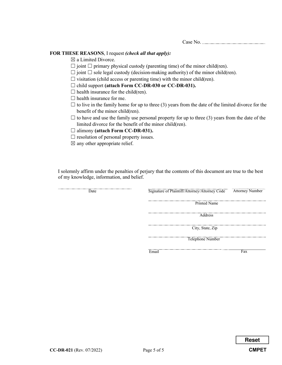 Form CC-DR-021 Complaint for Limited Divorce - Maryland, Page 5