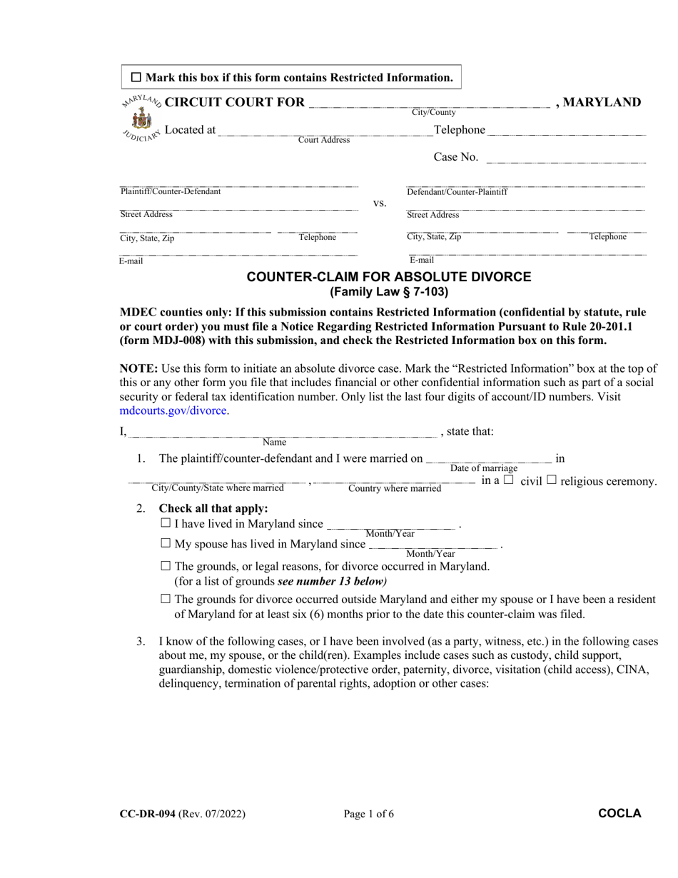 Form CC-DR-094 Counter-Claim for Absolute Divorce - Maryland, Page 1
