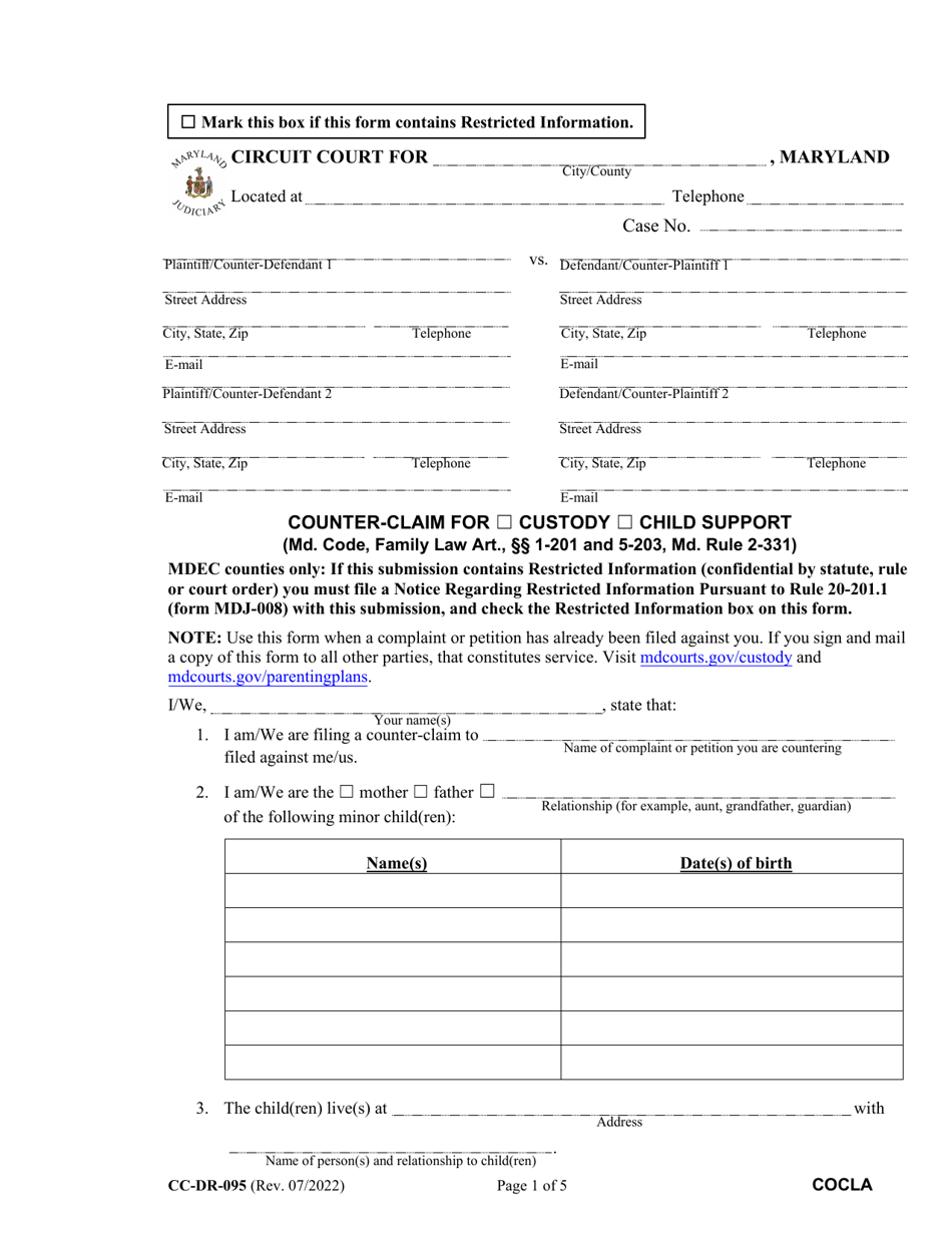 Form CC-DR-095 Counter-Claim for Custody/Child Support - Maryland, Page 1