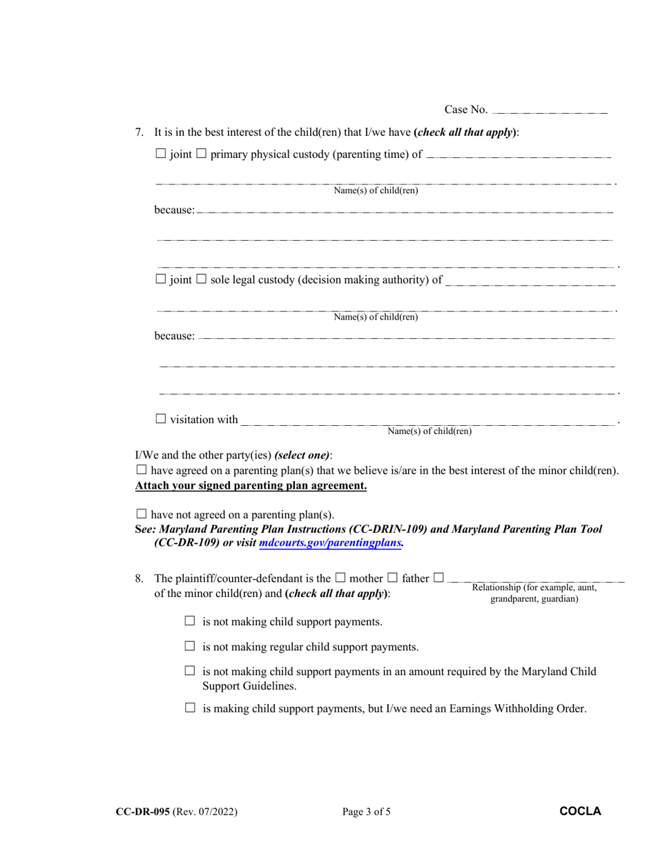 Form CC-DR-095 Counter-Claim for Custody / Child Support - Maryland, Page 3