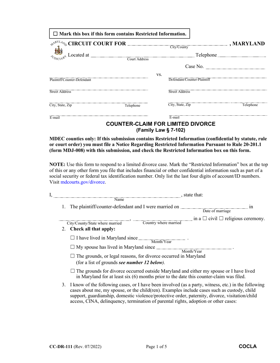 Form CC-DR-111 Counter-Claim for Limited Divorce - Maryland, Page 1