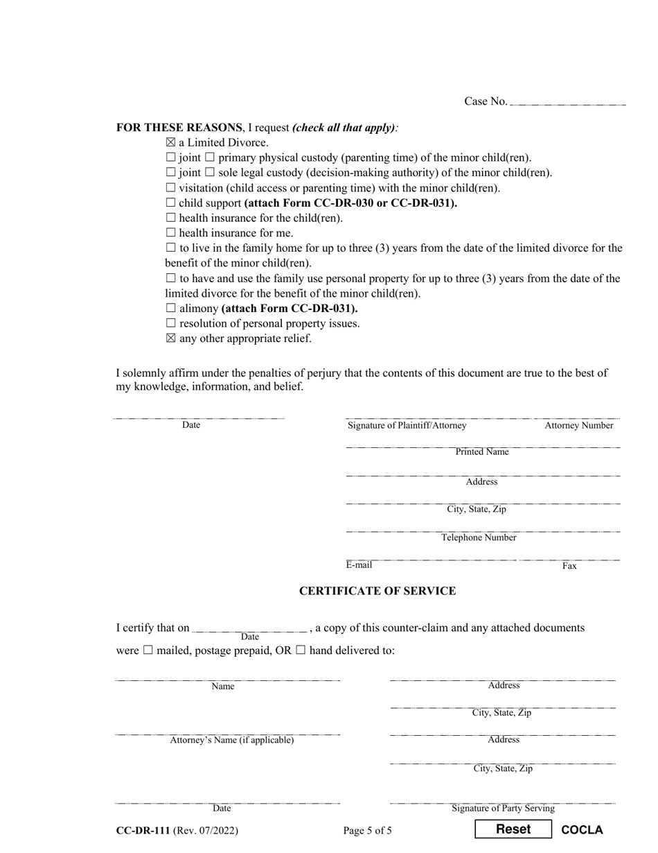 Form CC-DR-111 Counter-Claim for Limited Divorce - Maryland, Page 5