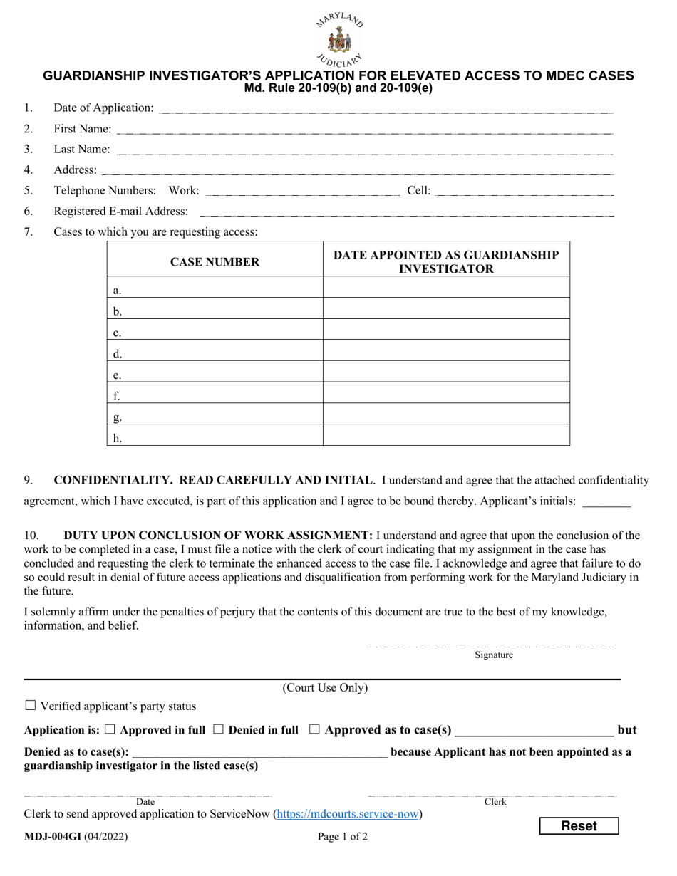 Form MDJ-004GI Guardianship Investigators Application for Elevated Access to Mdec Cases - Maryland, Page 1