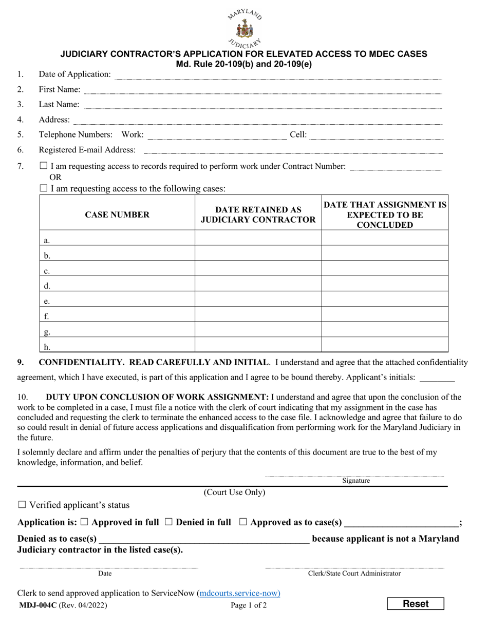 Form MDJ-004C Judiciary Contractors Application for Elevated Access to Mdec Cases - Maryland, Page 1