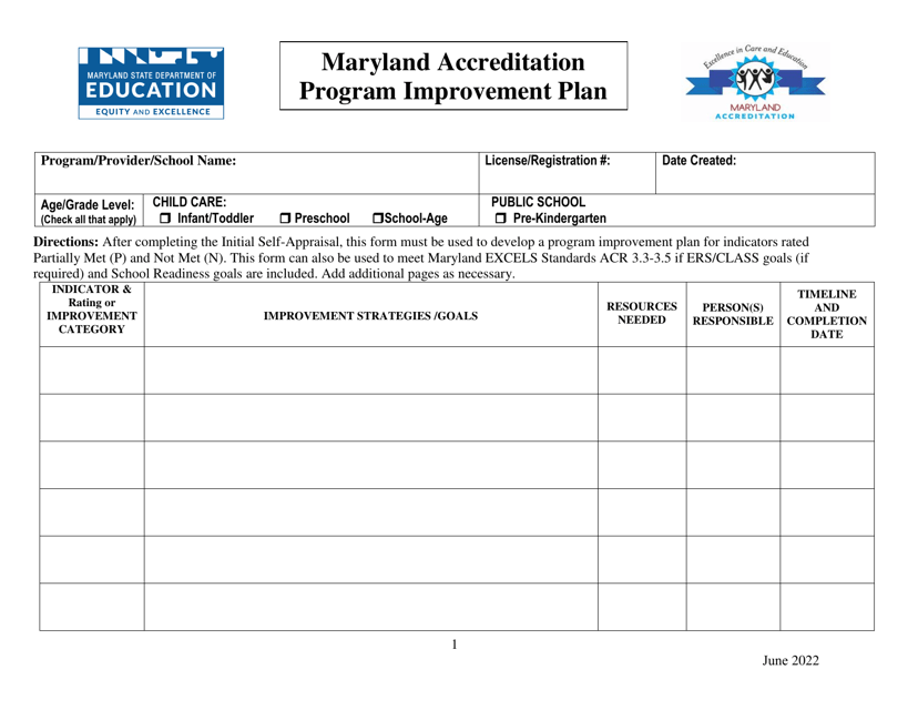 Maryland Accreditation Program Improvement Plan - Maryland Download Pdf