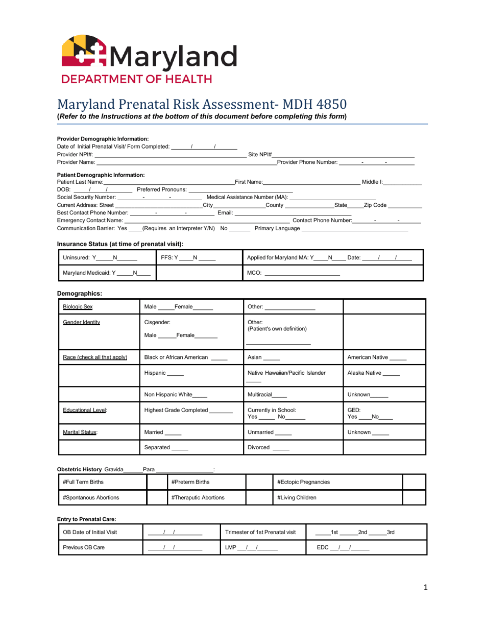 MDH Form 4850 Maryland Prenatal Risk Assessment - Maryland, Page 1