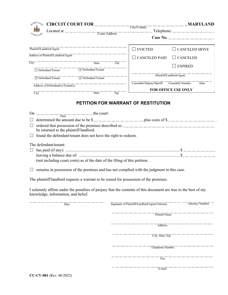 Form CC-CV-081 Petition for Warrant of Restitution - Maryland, Page 1