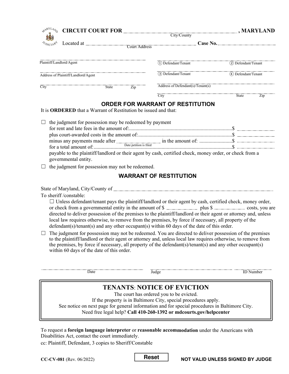 Form CC-CV-081 Petition for Warrant of Restitution - Maryland, Page 2