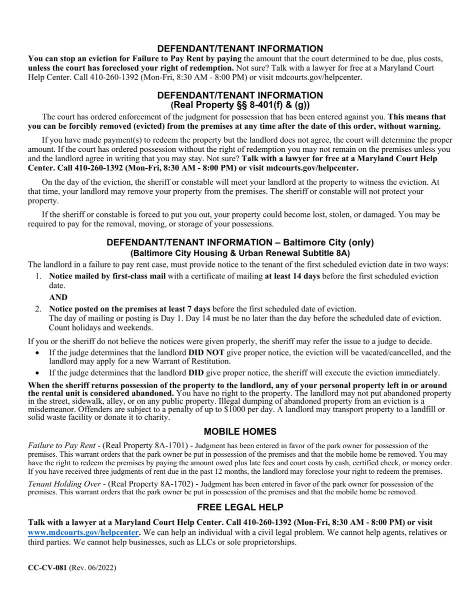 Form CC-CV-081 Petition for Warrant of Restitution - Maryland, Page 3