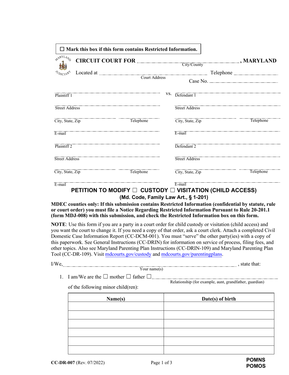 Form CC-DR-007 Petition to Modify/Custody Visitation (Child Access) - Maryland, Page 1