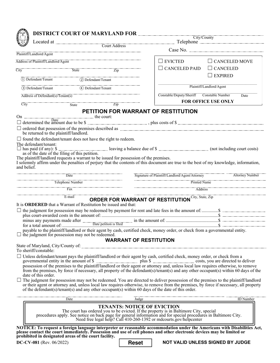 Form DC-CV-081 Petition for Warrant of Restitution - Maryland, Page 1