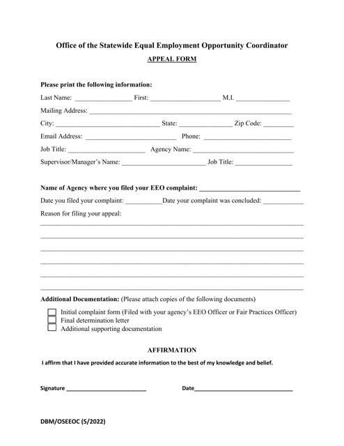 Office of the Statewide Equal Employment Opportunity Coordinator Appeal Form - Maryland Download Pdf