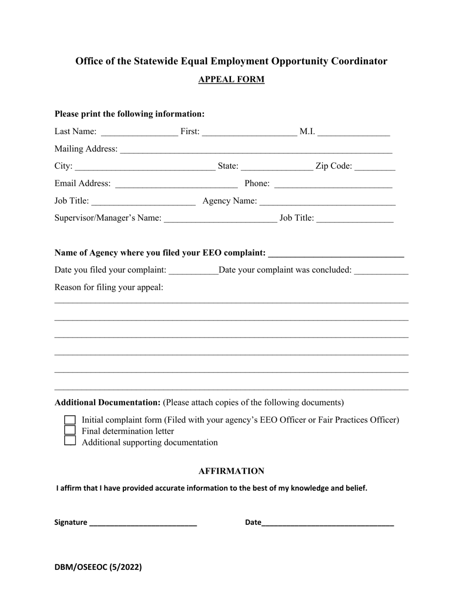 Office of the Statewide Equal Employment Opportunity Coordinator Appeal Form - Maryland, Page 1
