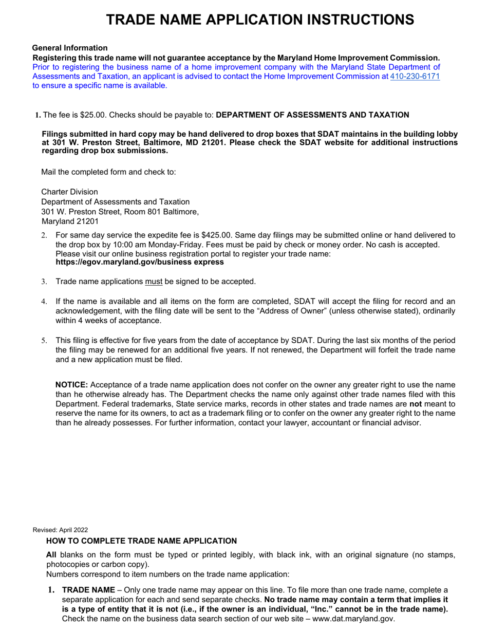 Trade Name Application - Maryland, Page 2