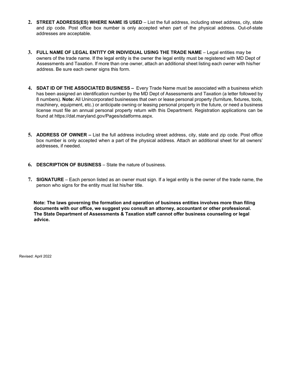 Trade Name Application - Maryland, Page 3