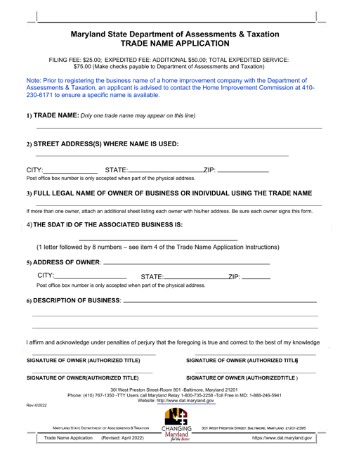 Trade Name Application - Maryland Download Pdf