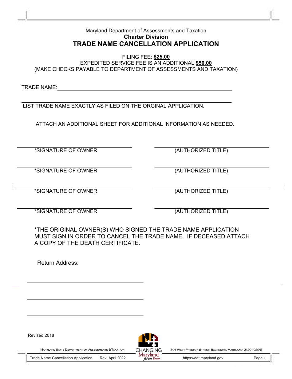 Trade Name Cancellation Application - Maryland, Page 1