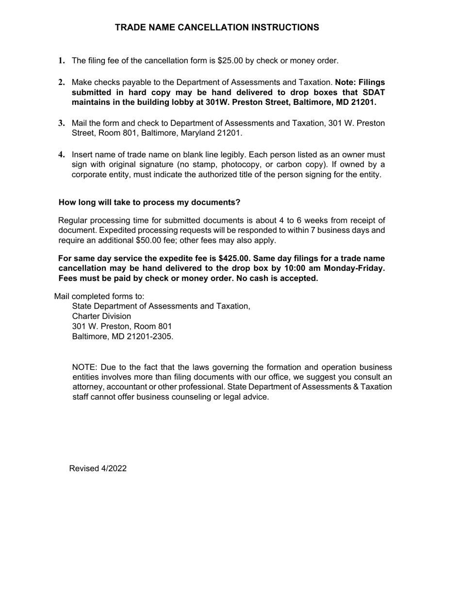 Trade Name Cancellation Application - Maryland, Page 2
