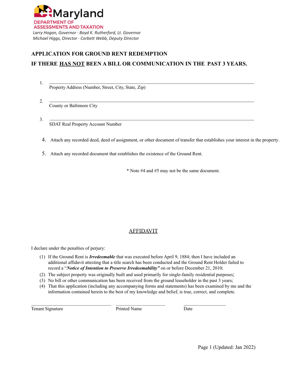 Application for Ground Rent Redemption if There Has Not Been a Bill or Communication in the Past 3 Years - Maryland, Page 1