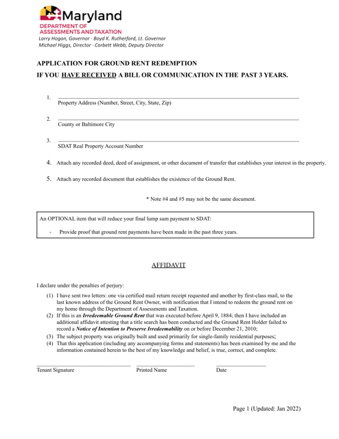 Application for Ground Rent Redemption if You Have Received a Bill or Communication in the Past 3 Years - Maryland Download Pdf
