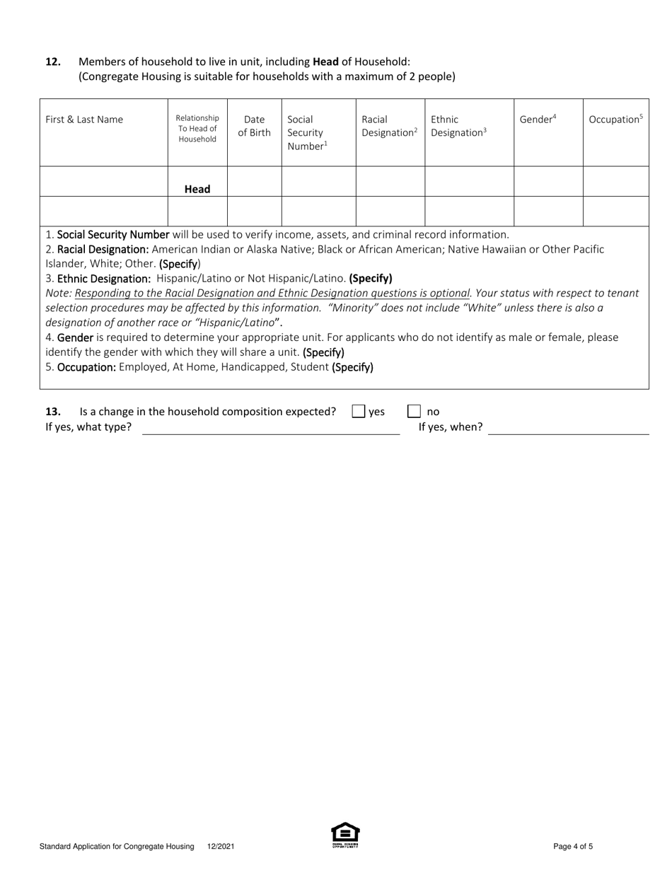 Standard Application for Congregate (Shared Living) State-Aided Elderly / Handicapped Public Housing - Massachusetts, Page 4