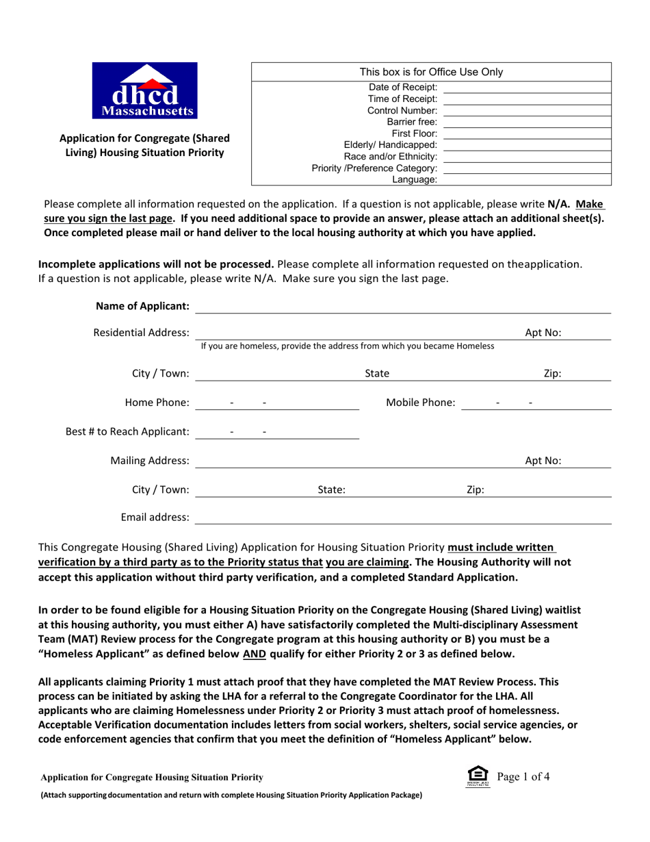 Application for Congregate (Shared Living) Housing Situation Priority - Massachusetts, Page 1