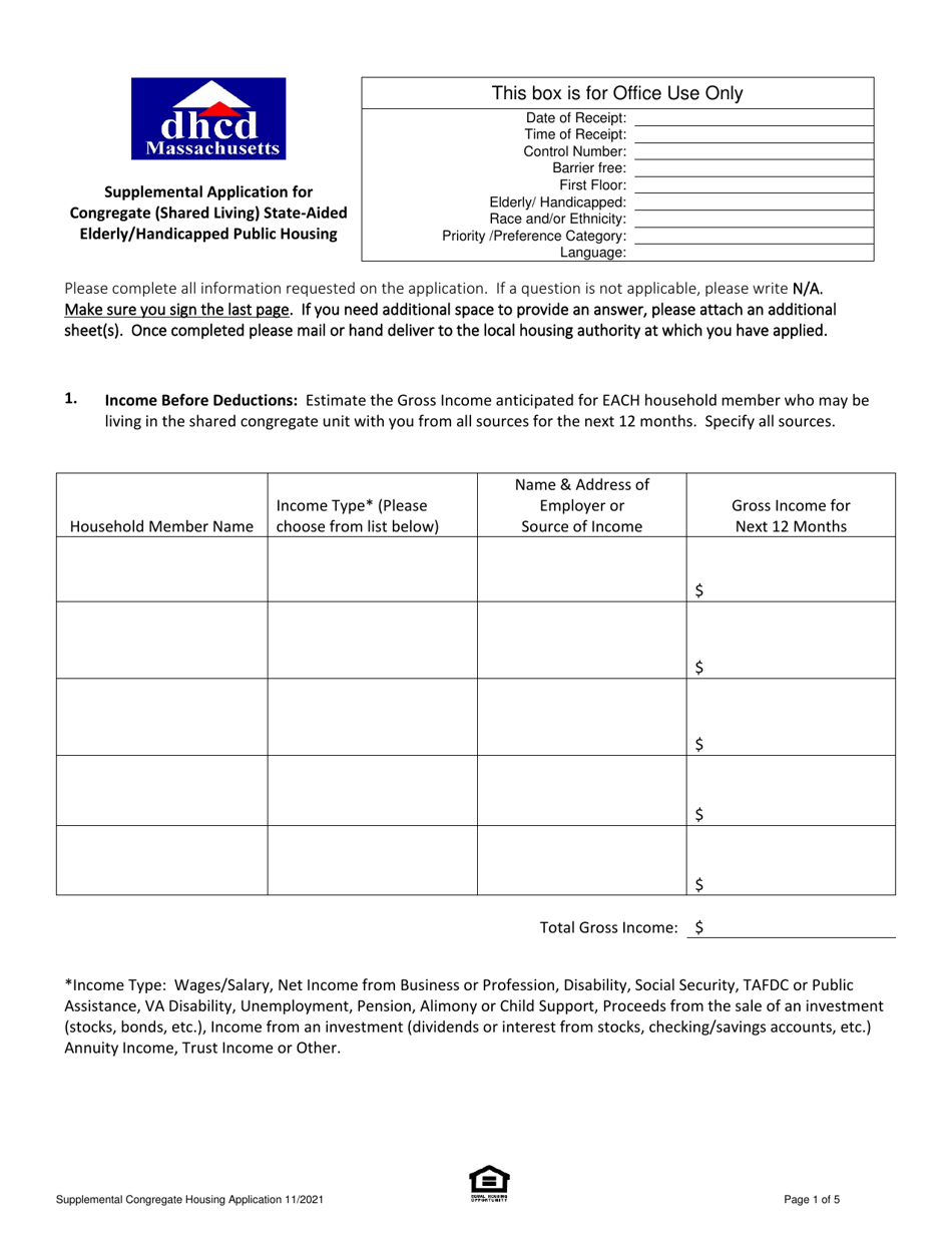 Supplemental Application for Congregate (Shared Living) State-Aided Elderly / Handicapped Public Housing - Massachusetts, Page 1