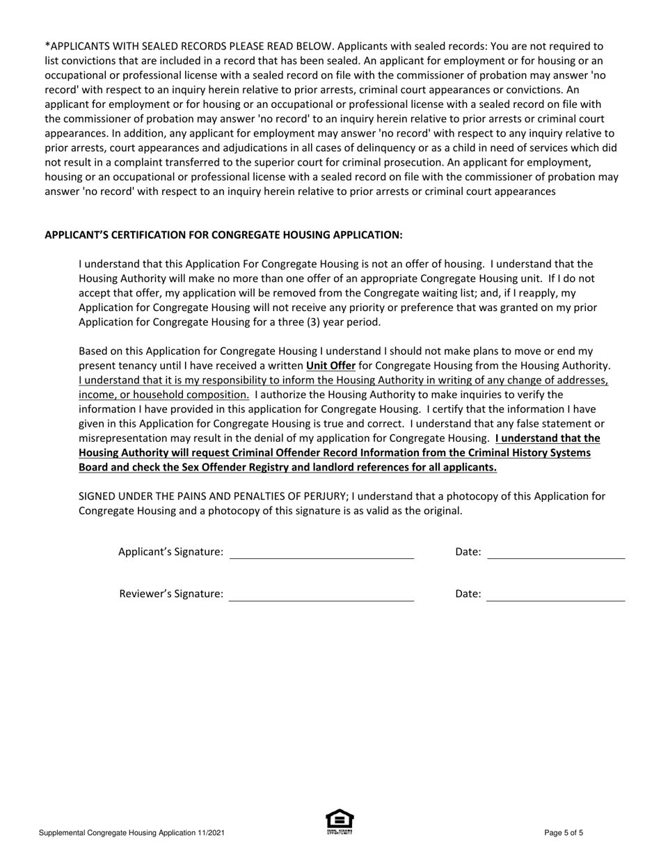Supplemental Application for Congregate (Shared Living) State-Aided Elderly / Handicapped Public Housing - Massachusetts, Page 5