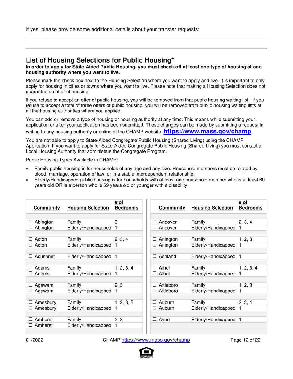 Massachusetts Application for StateAided Public Housing and the