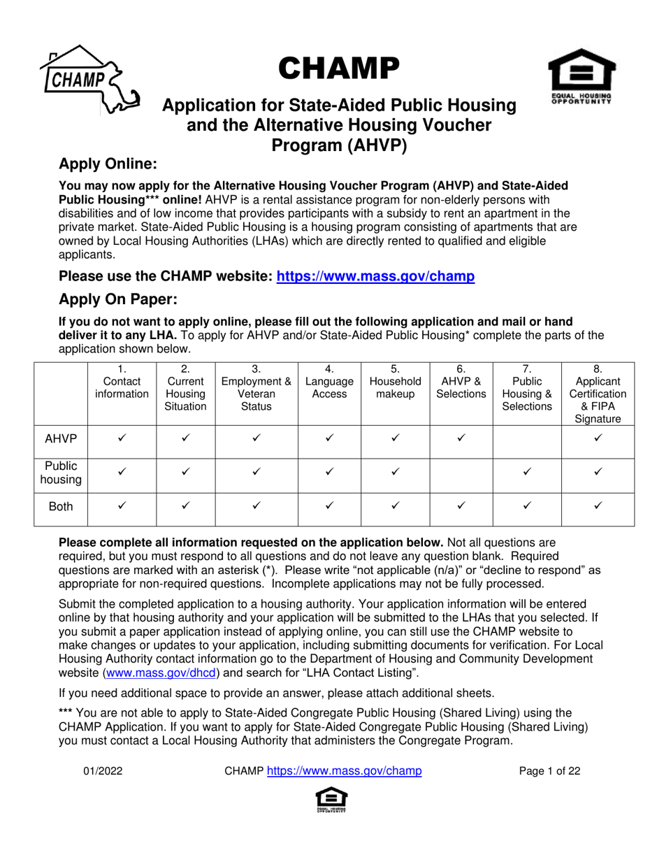 Application for State-Aided Public Housing and the Alternative Housing Voucher Program (Ahvp) - Massachusetts, Page 1