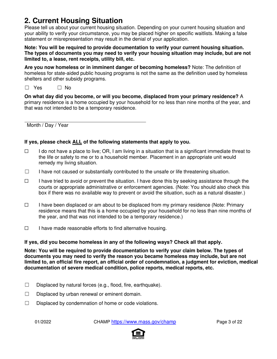 Massachusetts Application for StateAided Public Housing and the